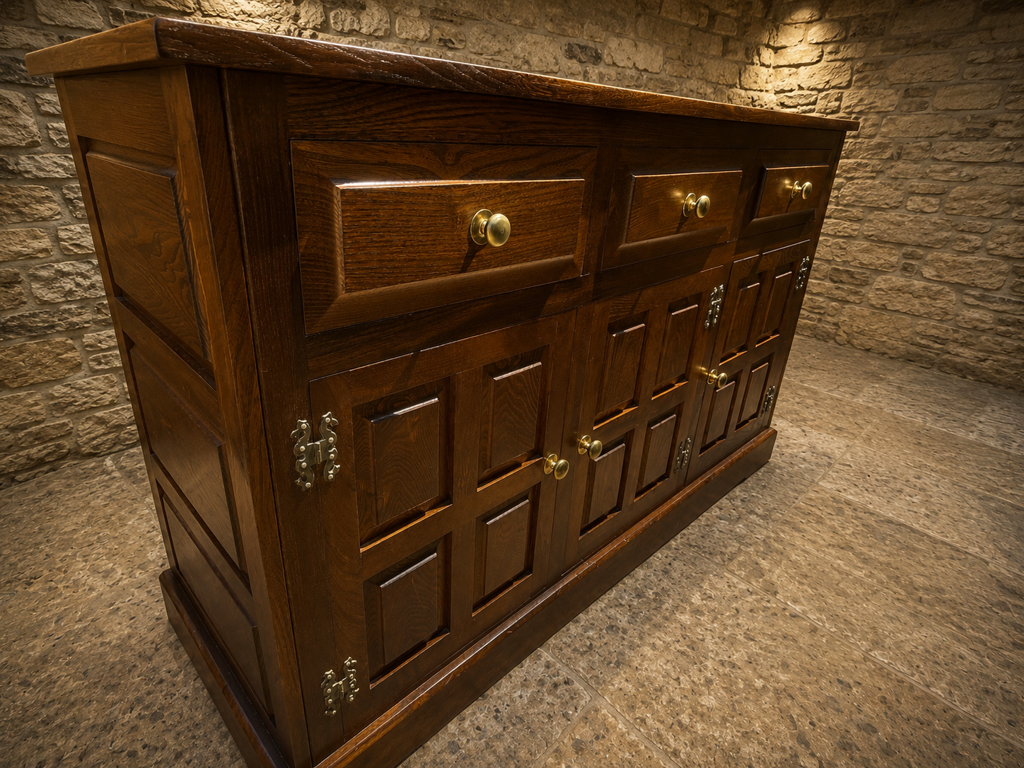 Jacobean Revival Solid Oak Sideboard | Vintage English Oak Buffet Cabinet | Rustic Farmhouse Sideboard | Large Country House Storage Cabinet