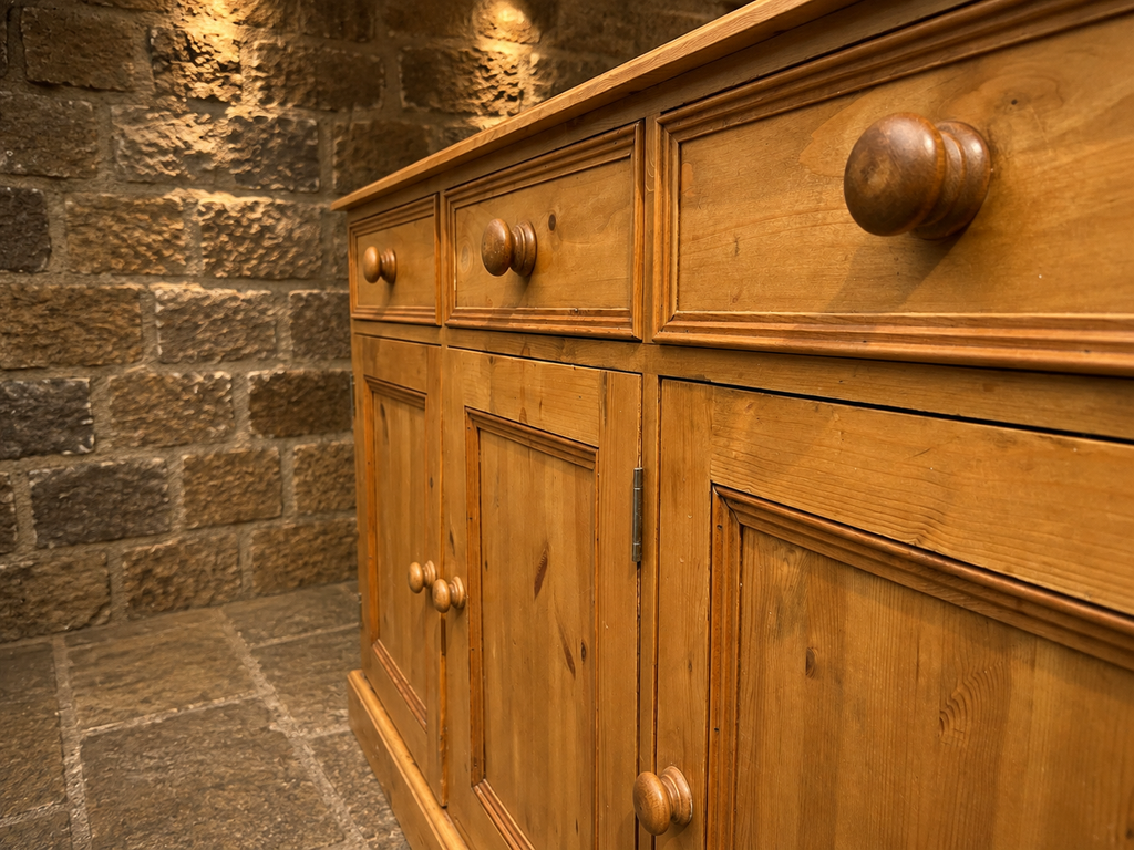 Large Vintage Pine Farmhouse Sideboard – Three Drawer Country Kitchen Storage Cabinet