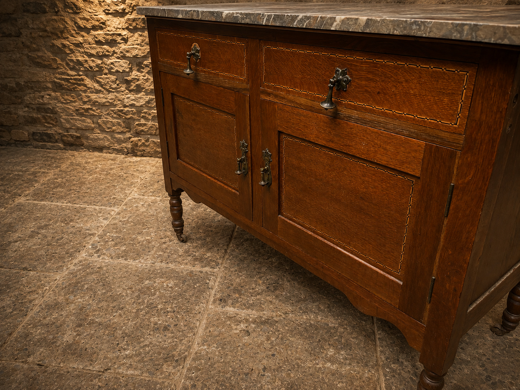 Antique Edwardian Marble Top Washstand with Oval Marble Splashback – c.1890–1910