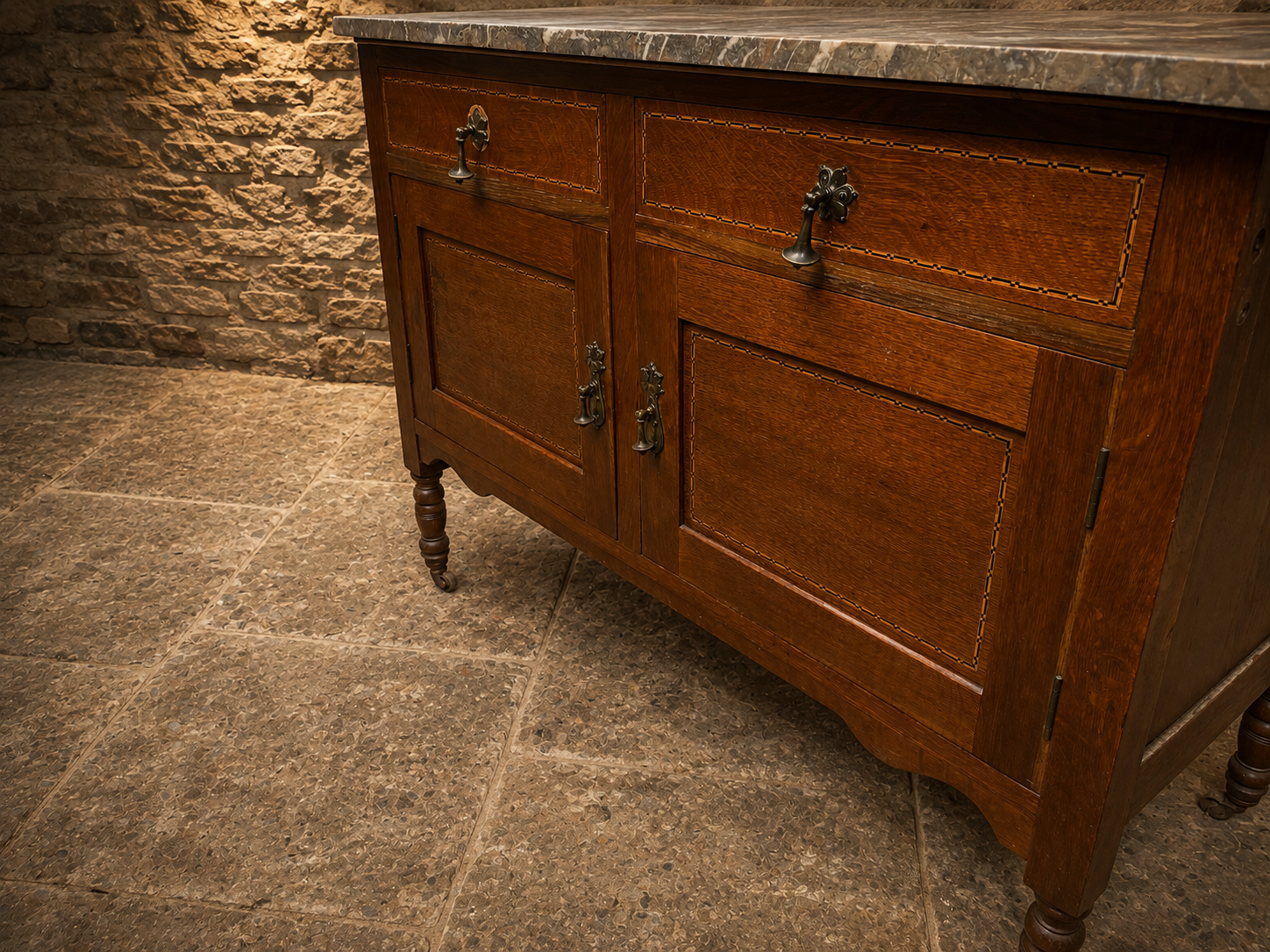 Antique Edwardian Marble Top Washstand with Oval Marble Splashback – c.1890–1910