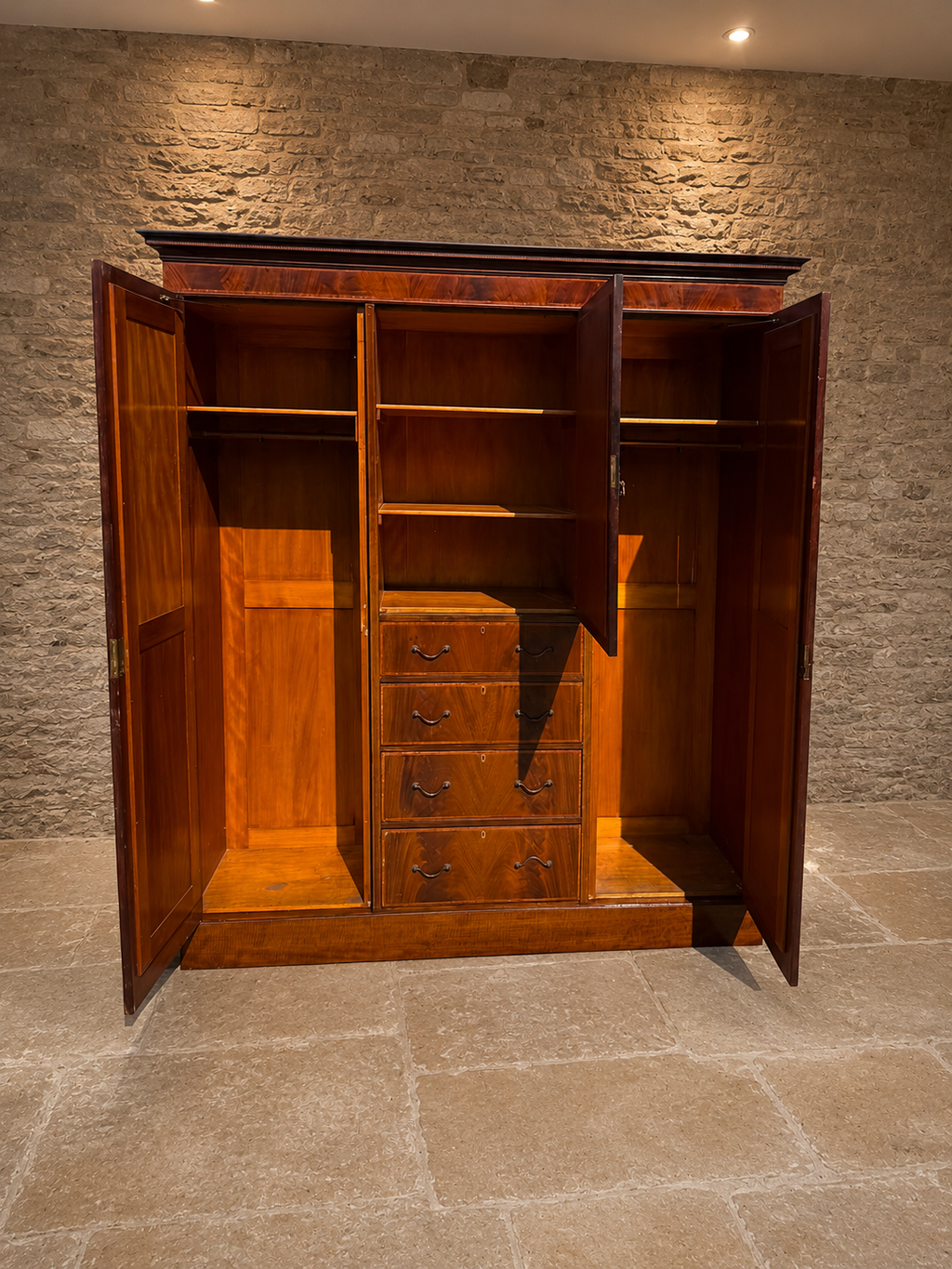 Antique Edwardian Inlaid Mahogany Triple Wardrobe c.1900 – Sheraton Revival Mirrored Wardrobe