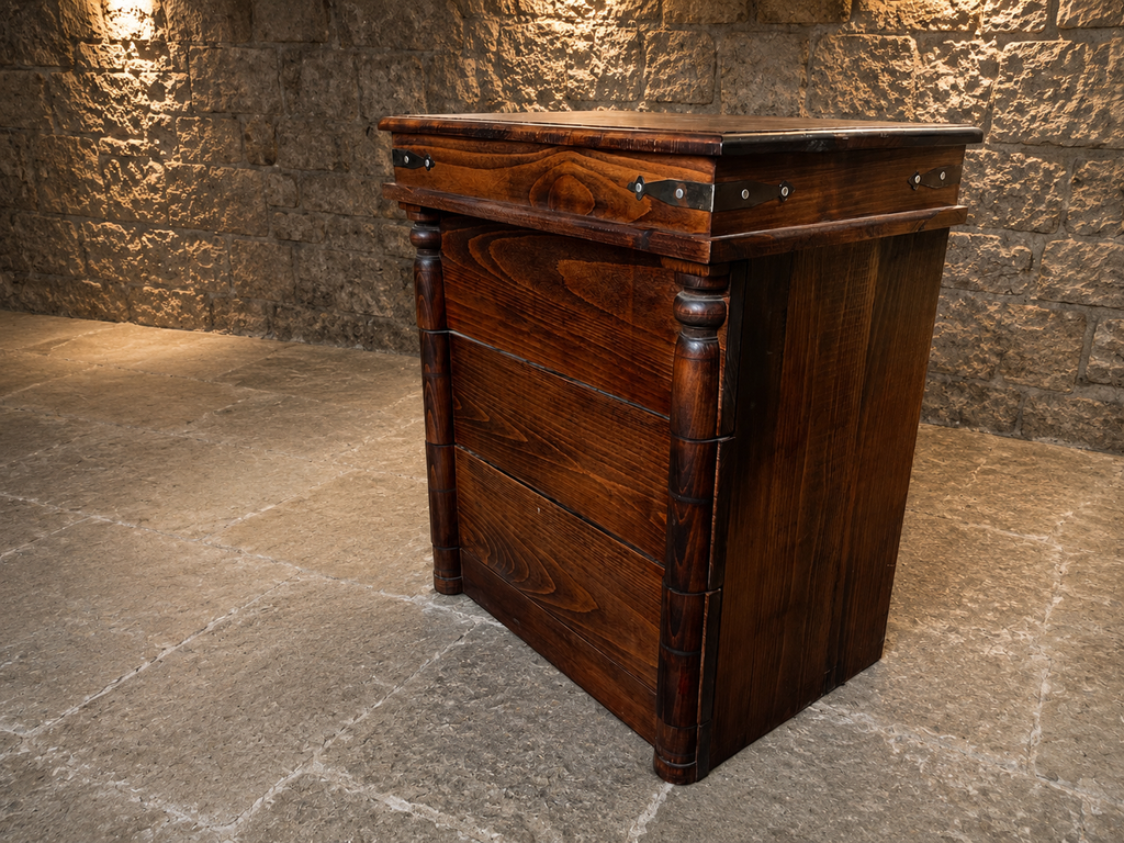 Campaign Style Chest of Drawers in Dark Wood with Brass Strap Detail