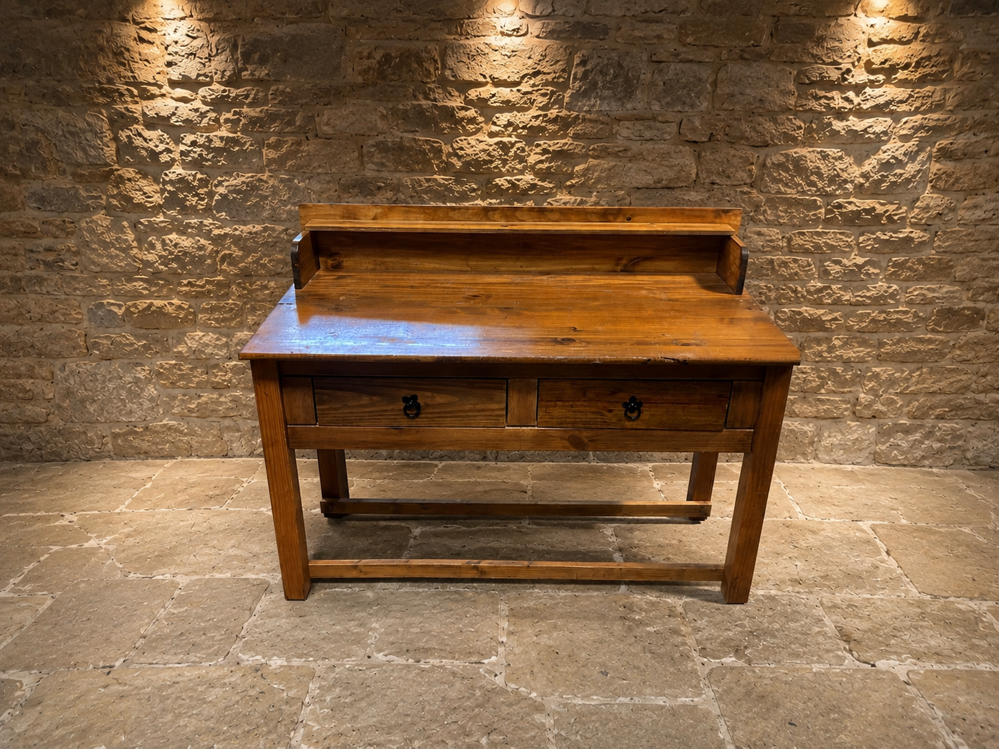 Large Solid Pine Farmhouse Console Table with Two Drawers | Rustic Kitchen Prep Table