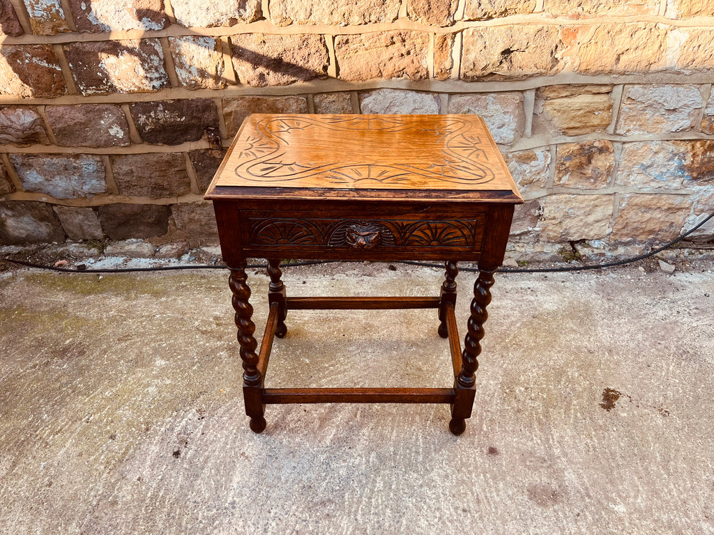 Antique Oak Barley Twist Side Table – Carved Drawer – Jacobean Revival Circa 1920s