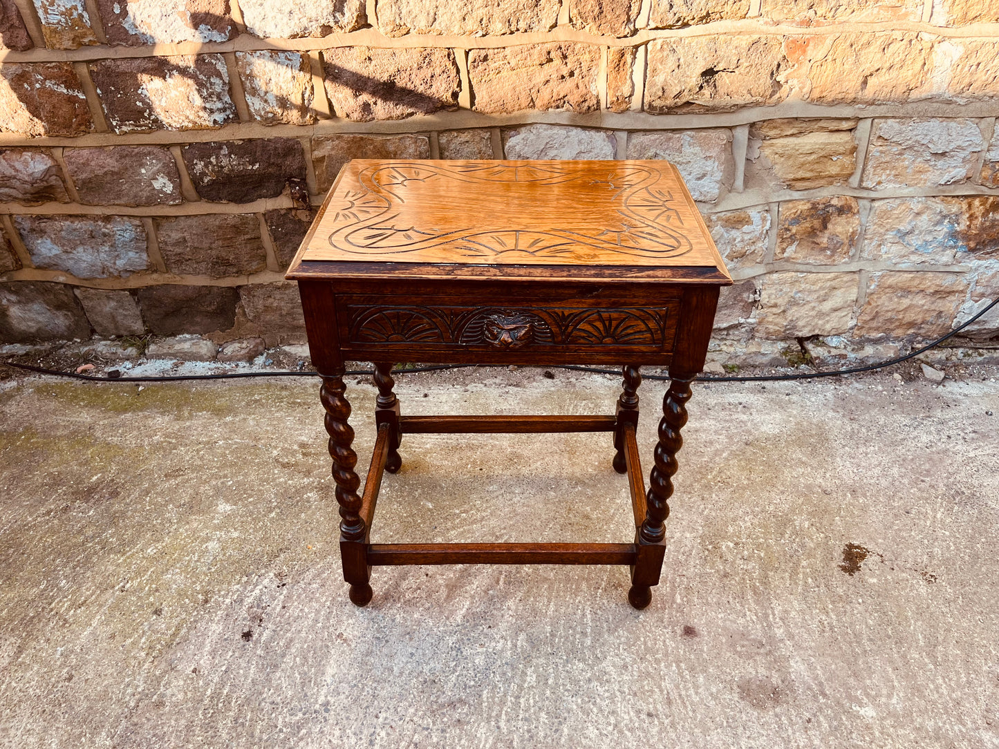 Antique Oak Barley Twist Side Table – Carved Drawer – Jacobean Revival Circa 1920s