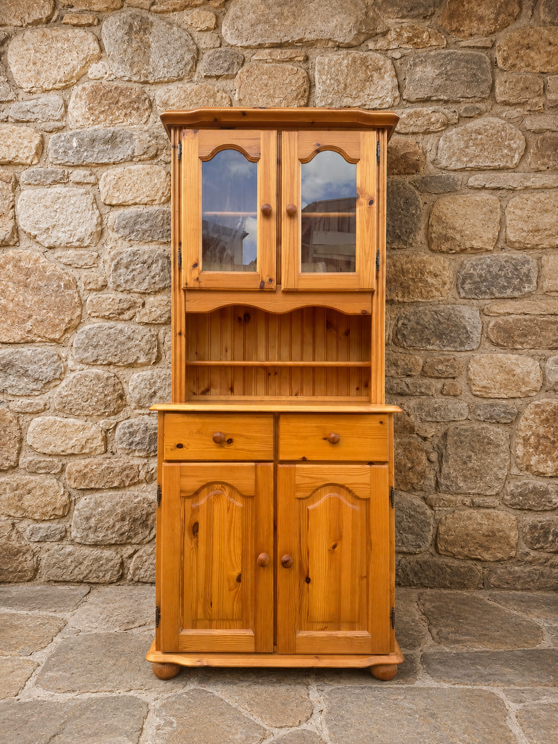 Vintage Pine Kitchen Dresser Cabinet | Rustic Farmhouse Display Unit | Country Cottage Glazed Storage Cupboard