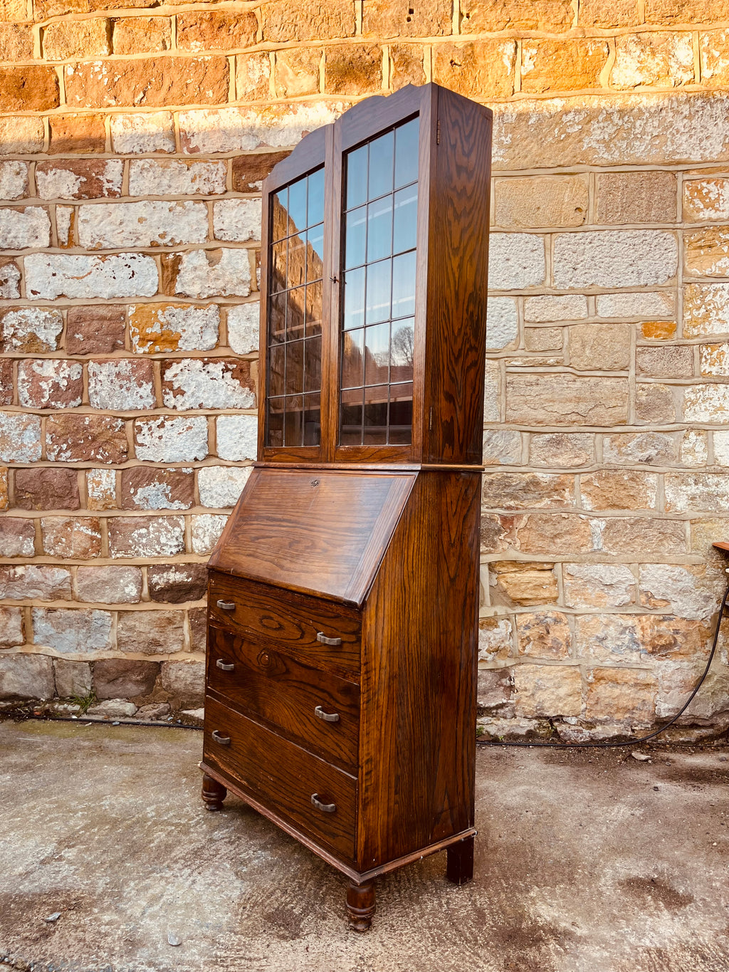 Vintage Bureau Bookcase with Glazed Cabinet – Rustic Cottage Writing Desk
