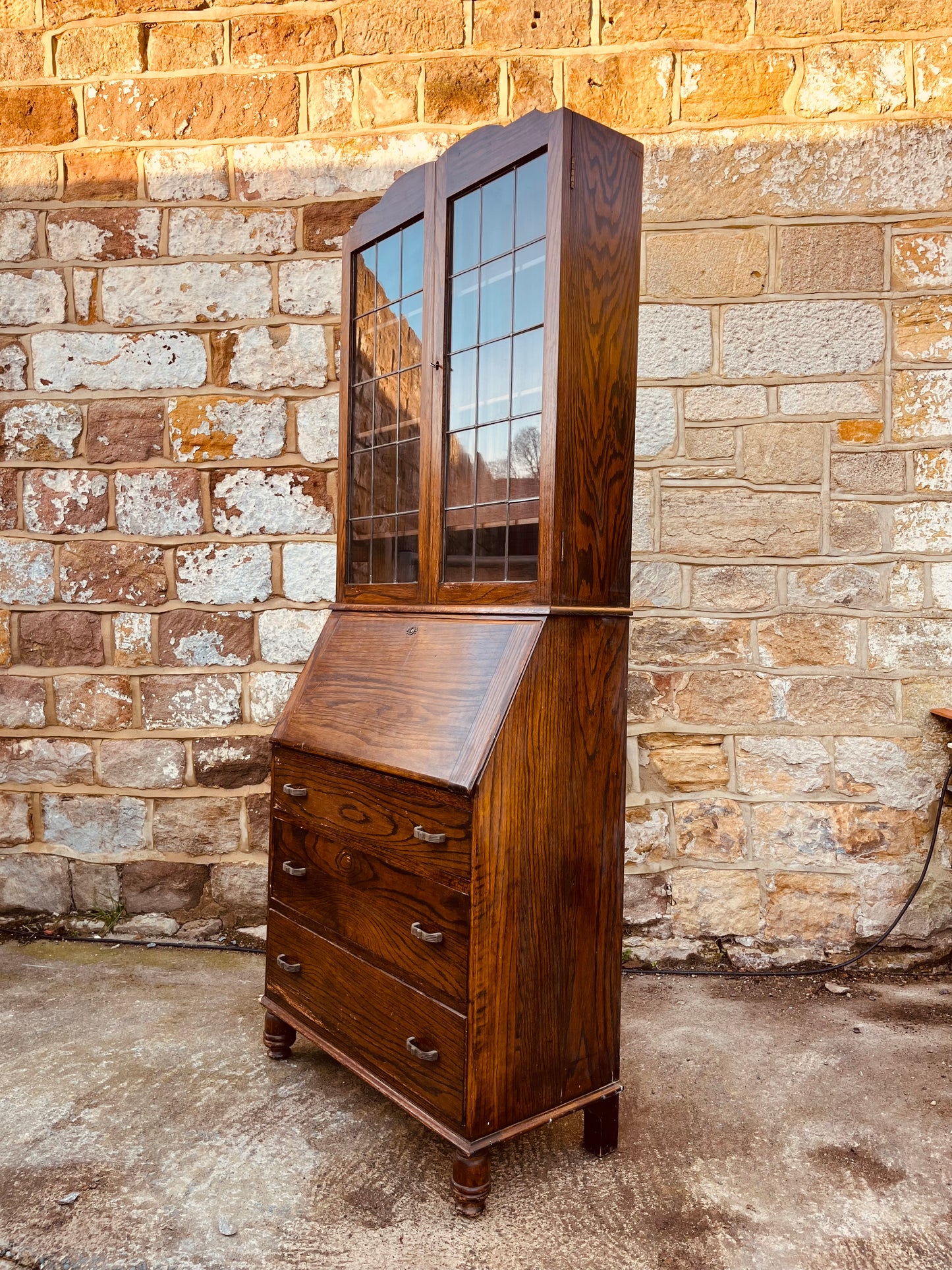 Vintage Bureau Bookcase with Glazed Cabinet – Rustic Cottage Writing Desk