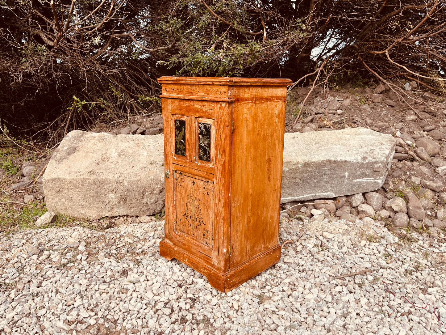 Antique Victorian Inlaid Bedside Cabinet with Ebonised Bird Panels