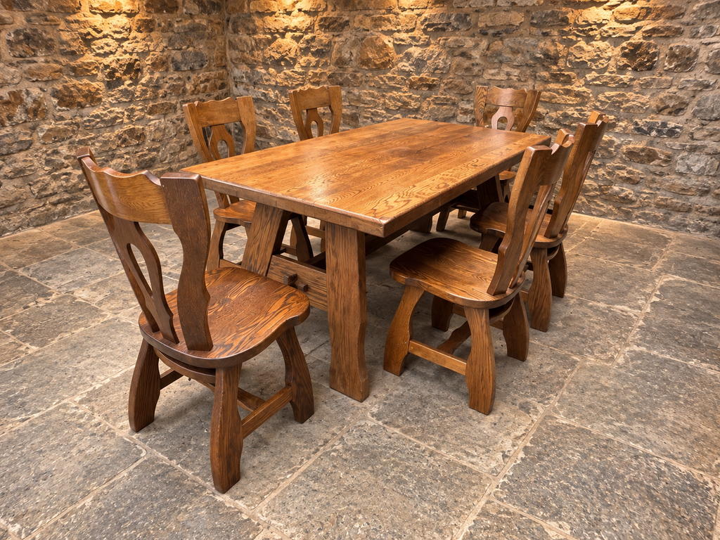 Mid-Century French Oak Dining Table & Six Chairs – Guillerme et Chambron Style c.1970