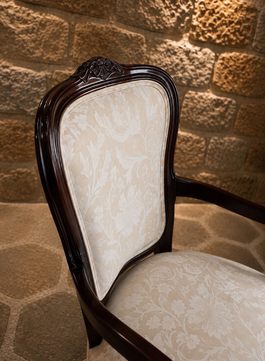 French Louis XV Style Upholstered Armchair | Carved Mahogany Accent Chair