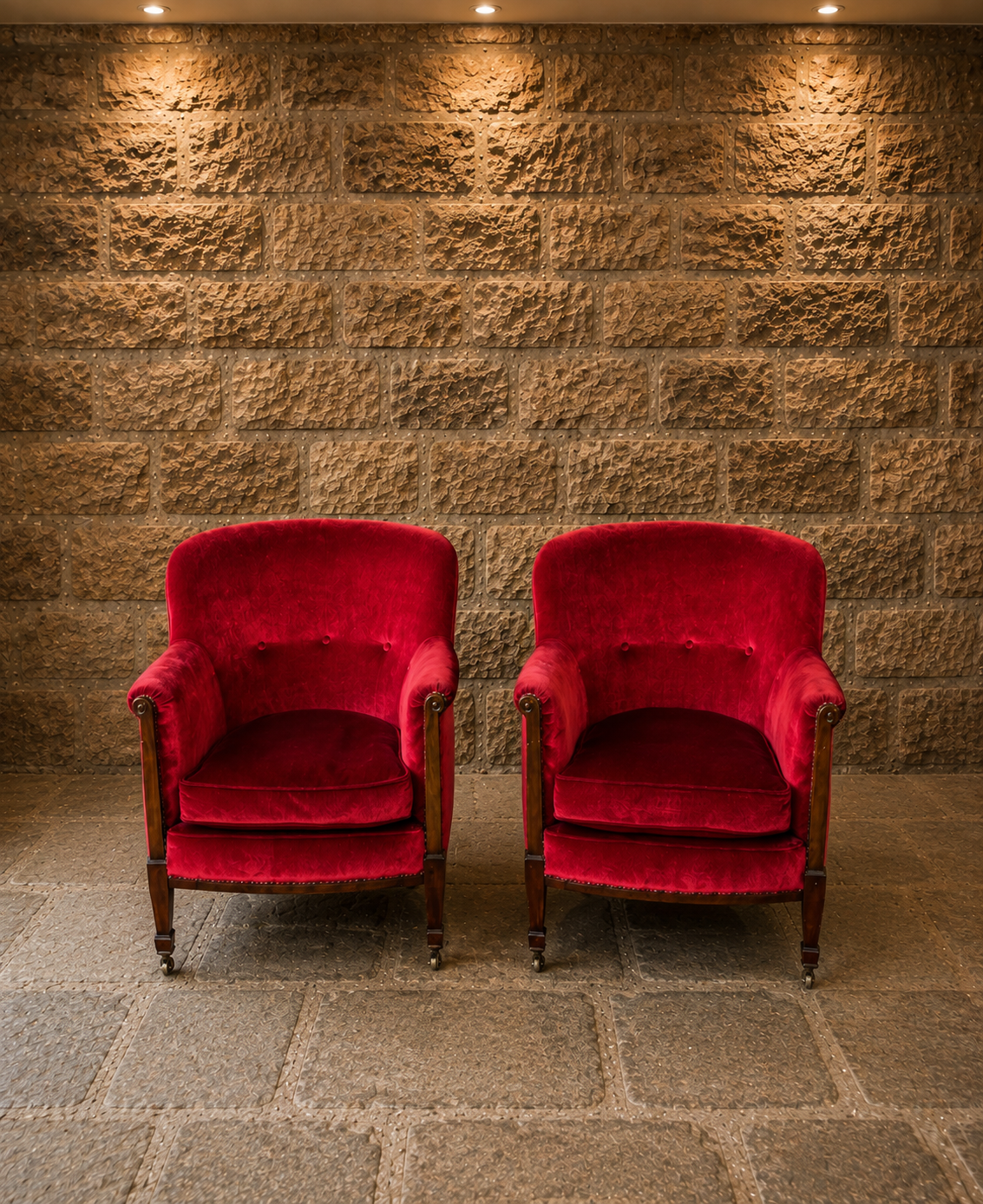 Pair of Antique Edwardian Red Velvet Armchairs – Circa 1910 – English Country House Chairs