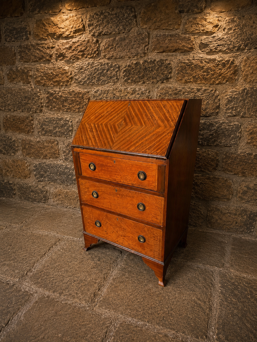 Antique Edwardian Bureau Writing Desk – Geometric Veneered Fall Front – Circa 1920