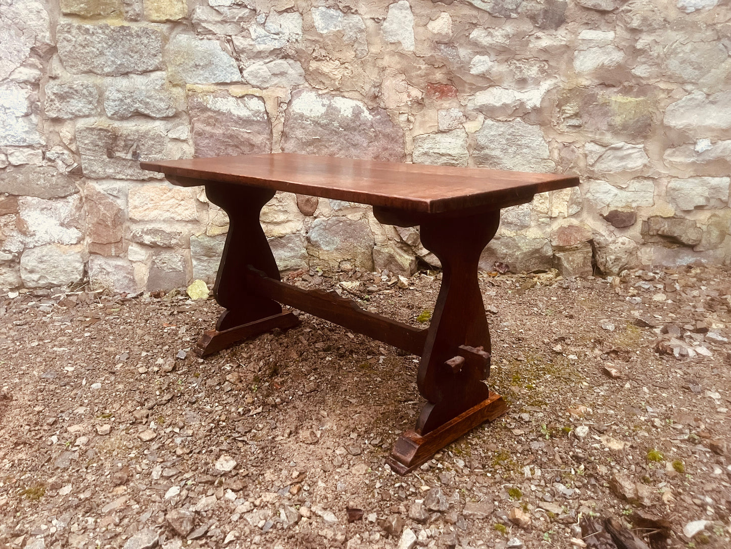 Vintage Solid Oak Trestle Table – Rustic Farmhouse Console