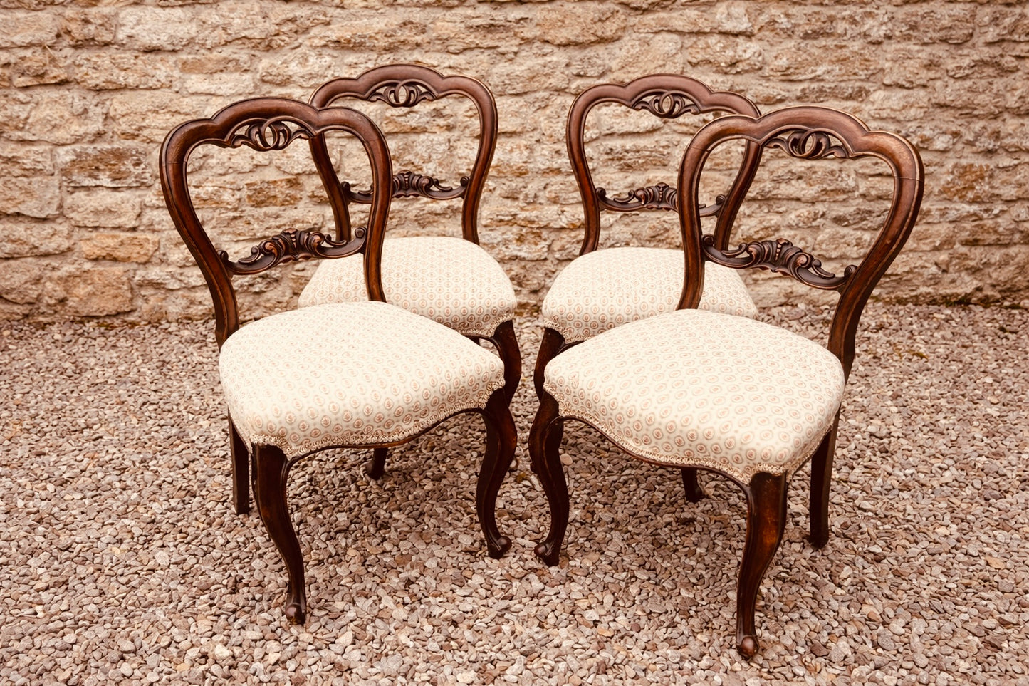 Set of 4 Vintage French Style Dining Chairs, Cabriole Leg Walnut Chairs, Louis XV Influence (1930s)