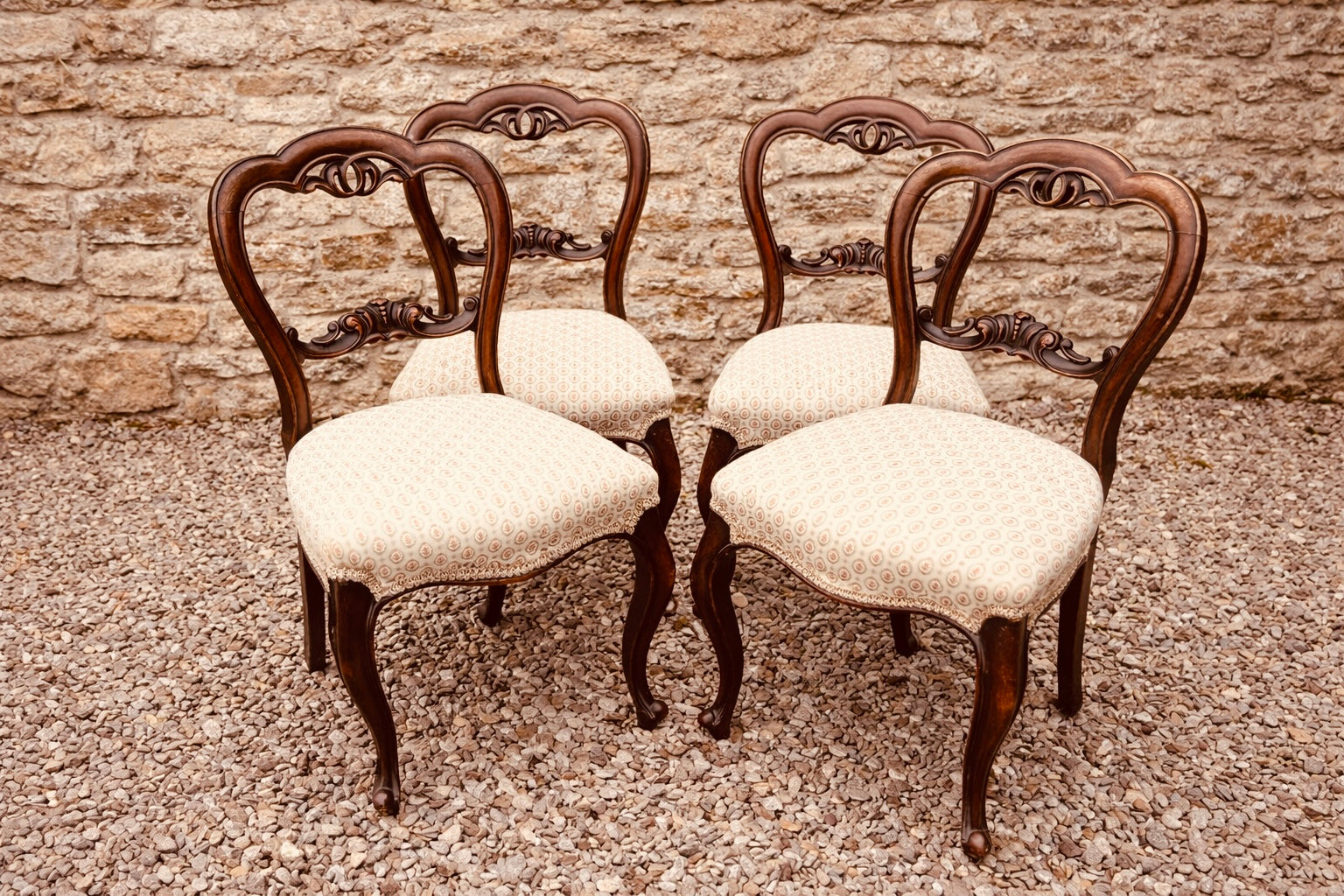 Set of 4 Vintage French Style Dining Chairs, Cabriole Leg Walnut Chairs, Louis XV Influence (1930s)