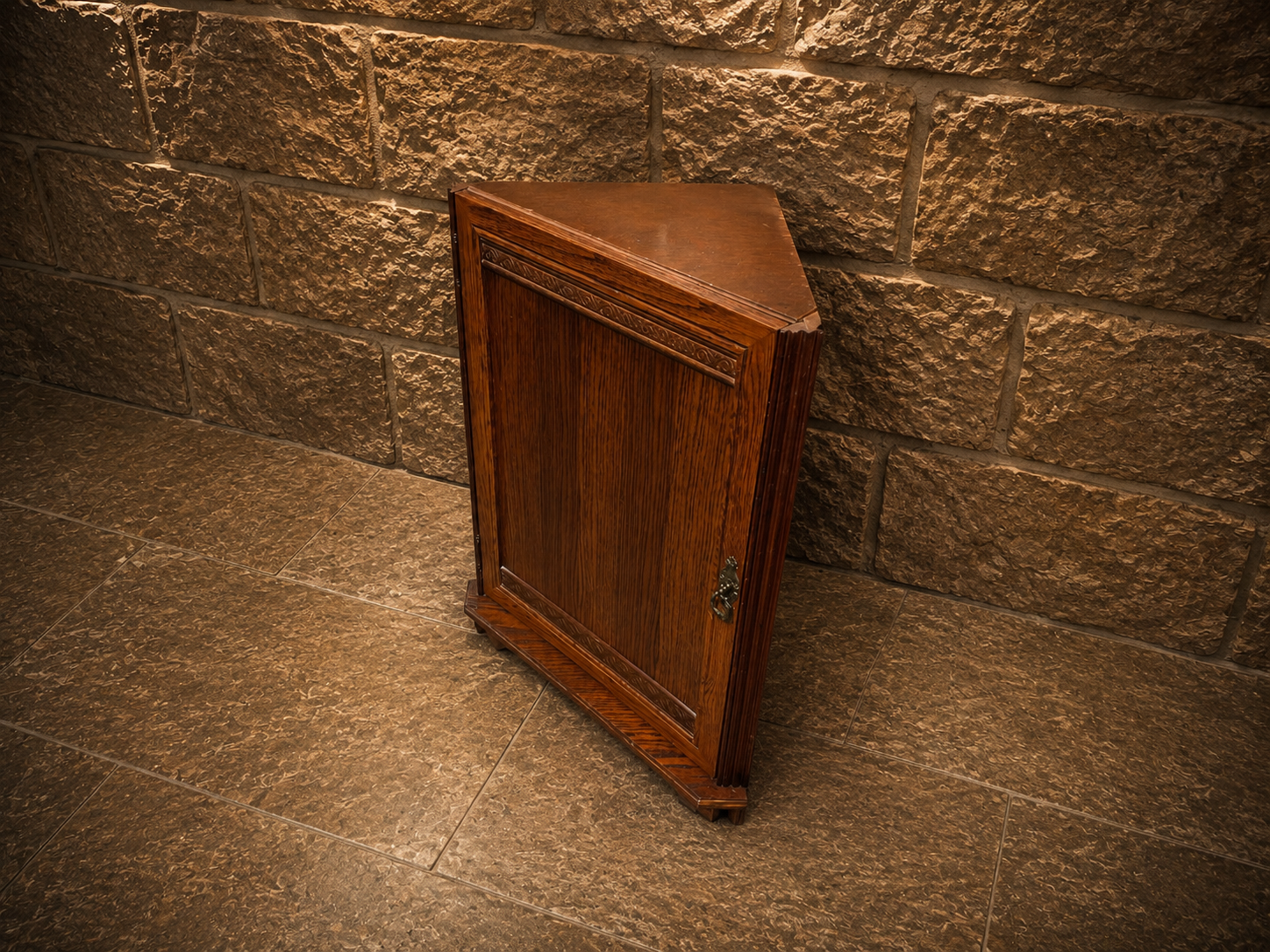 Antique Oak Corner Cabinet | Arts & Crafts Corner Cupboard | Jacobean Revival Oak Storage Cabinet