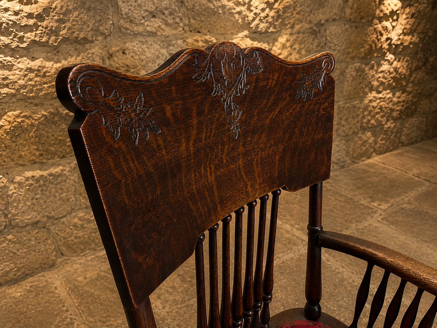 Antique Victorian Oak Adjustable Rocking Chair with Carved Floral Crest c.1900