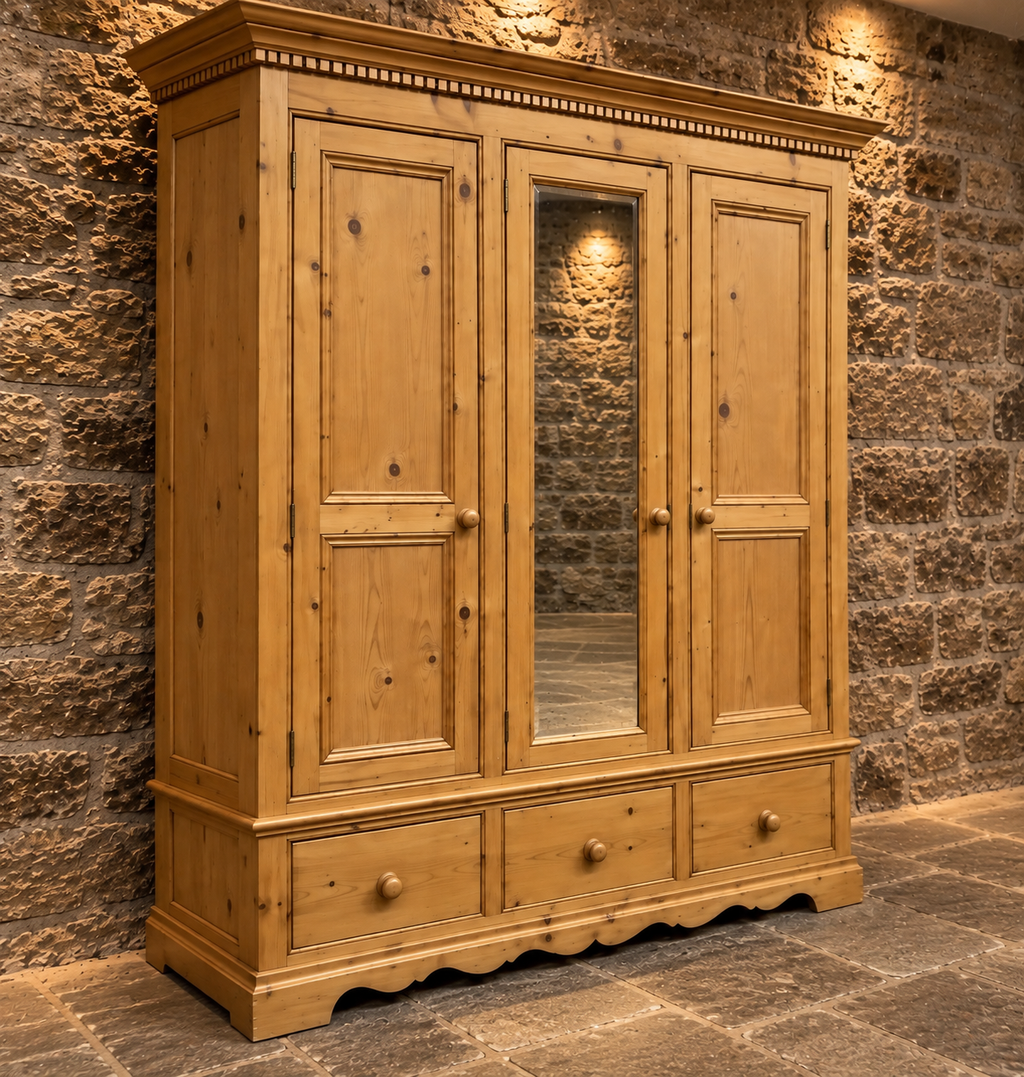 Antique Victorian Pine Triple Wardrobe c.1900 – Large Mirrored 3 Door Wardrobe