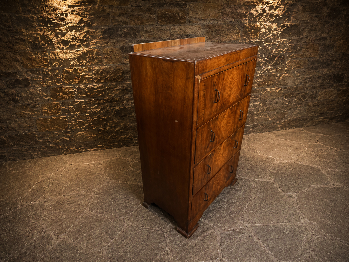 Art Deco Figured Walnut Tallboy Chest of Drawers | 1930s English Walnut Bedroom Chest | Antique Walnut Chest | Vintage Art Deco Furniture