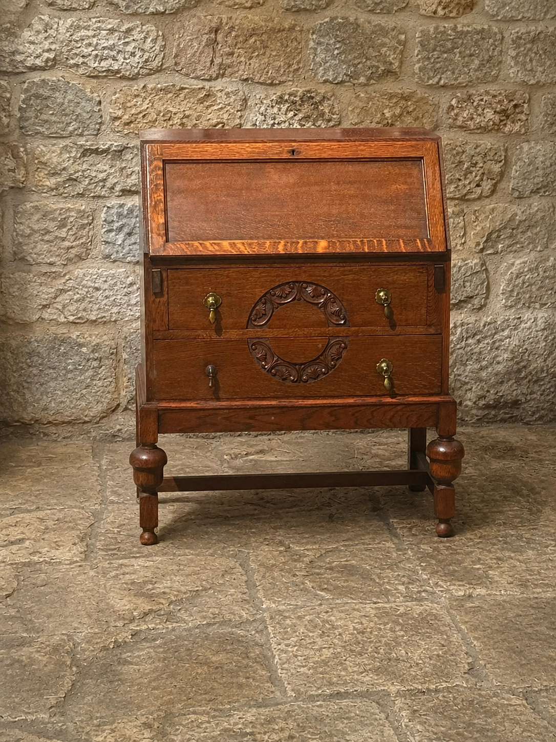 Antique Oak Arts & Crafts Bureau Desk c.1920–1935 | Jacobean Revival Fall Front Writing Desk