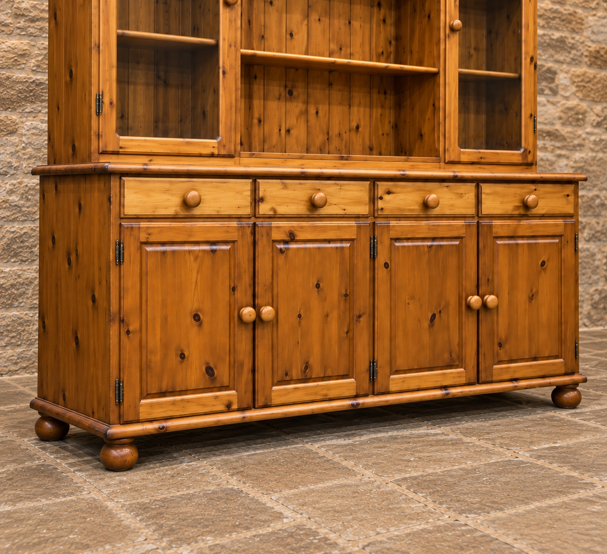Vintage pine farmhouse dresser with glazed cupboards