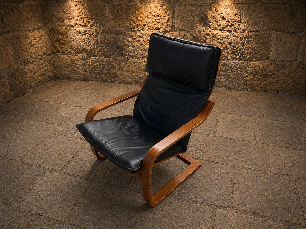 Vintage Scandinavian Bentwood Leather Lounge Chair | Black Leather Armchair | Mid-Century Modern Relaxing Chair | Circa 1978–1990