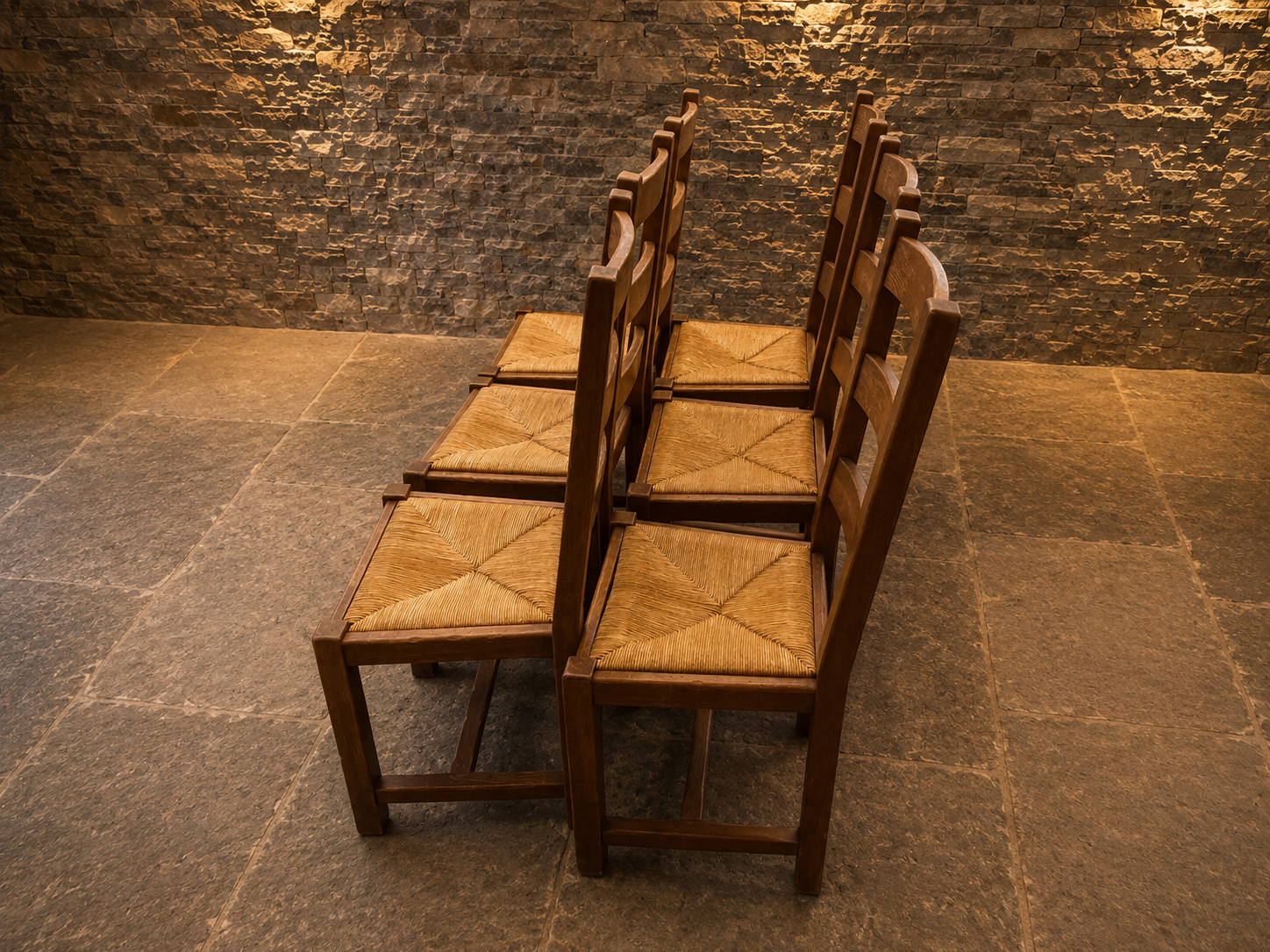Set of 6 Vintage Rustic Ladder Back Dining Chairs with Woven Rush Seats