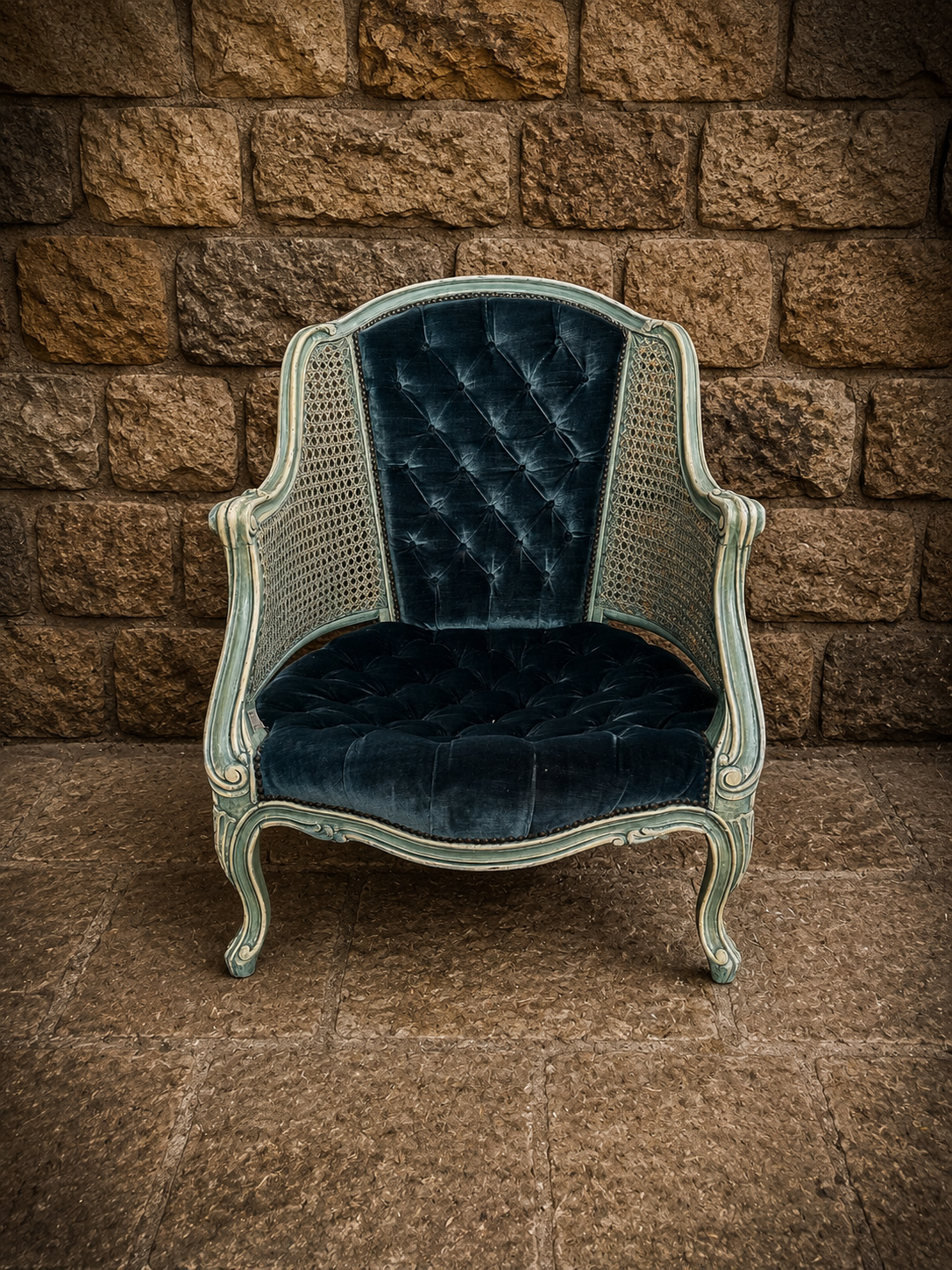 French Louis XV Style Blue Velvet Bergère Armchair