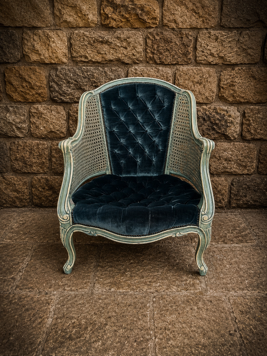 French Louis XV Style Blue Velvet Bergère Armchair