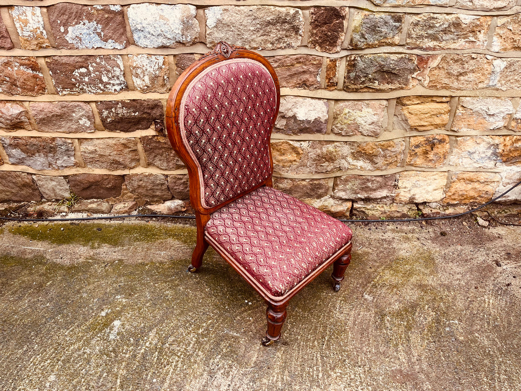 Antique Victorian Walnut Nursing Chair c.1880–1900 – Upholstered Balloon Back Slipper Chair with Castors