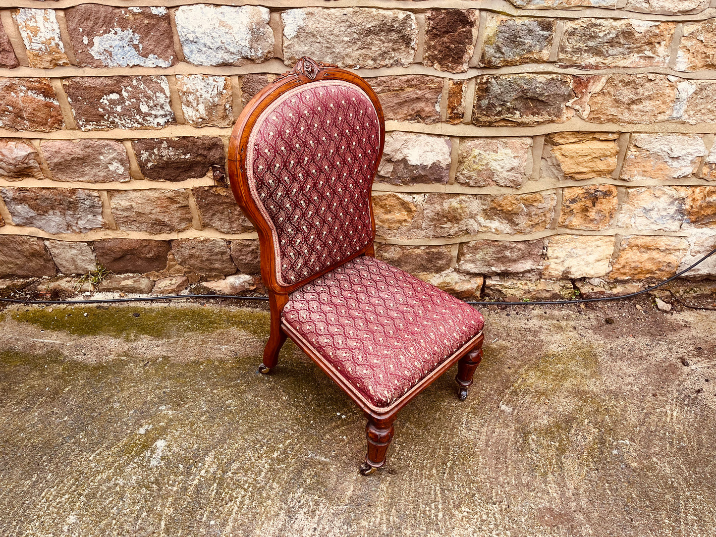 Antique Victorian Walnut Nursing Chair c.1880–1900 – Upholstered Balloon Back Slipper Chair with Castors