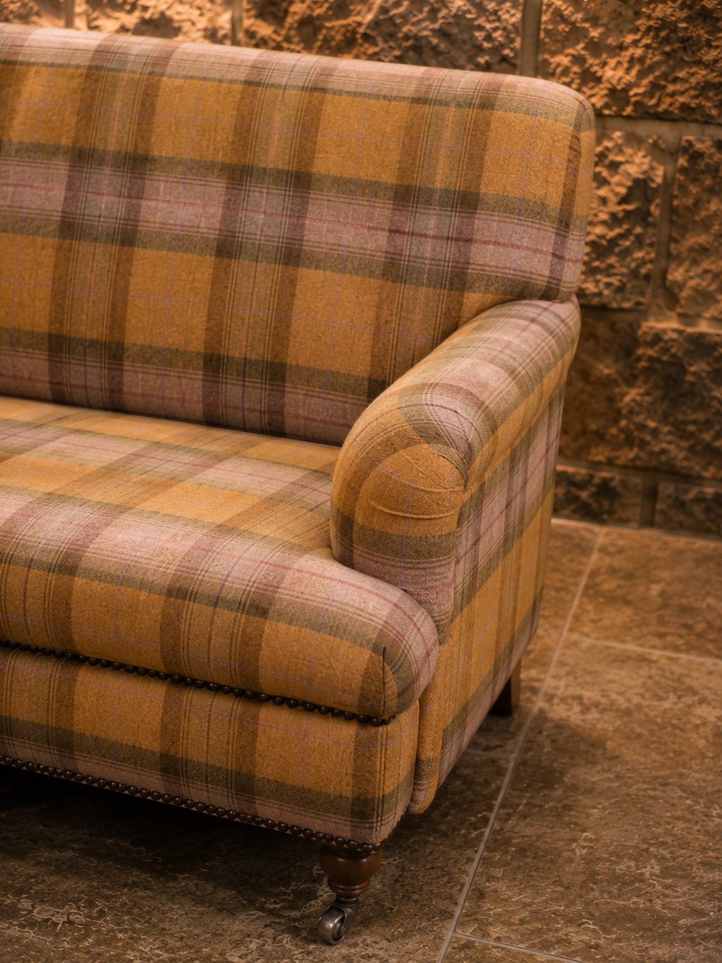 Vintage English Country House Three Seater Sofa | Tartan Wool Sofa | Traditional Scroll Arm Country Furniture
