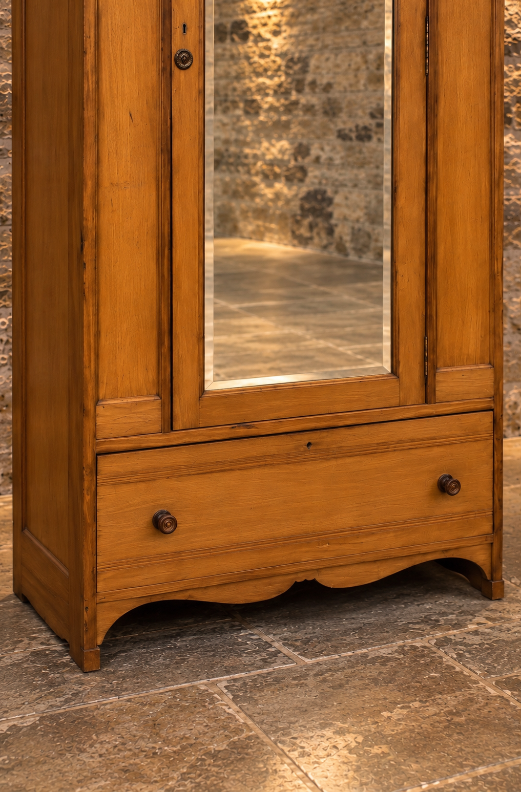 Antique Solid Oak Mirrored Wardrobe | Single Door Wardrobe with Drawer