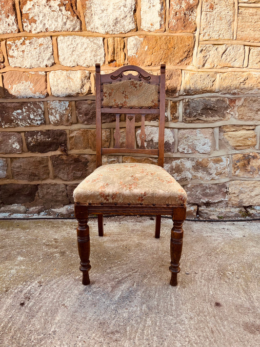 Antique Edwardian Oak Dining Chair – Upholstered Seat & Back, Carved Detail Hall Chair, Victorian Style Side Chair