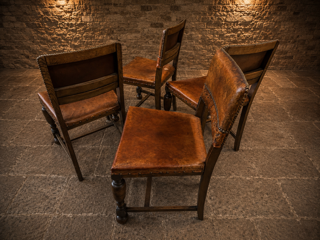 Antique Set of Four Embossed Leather & Oak Dining Chairs | Tudor Revival | Circa 1920s
