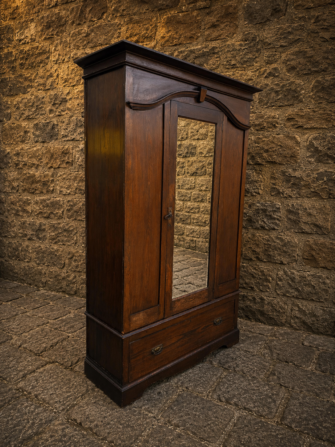 Antique Victorian Oak Mirrored Wardrobe c.1900