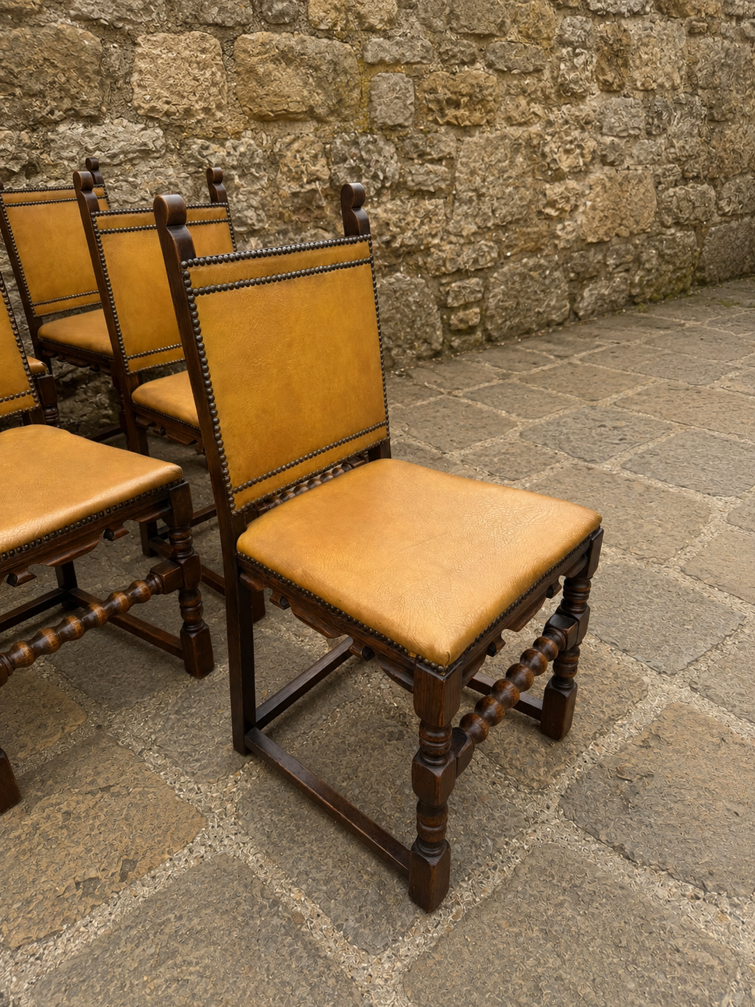 Set of 6 Jacobean Revival Oak Dining Chairs with Studded Tan Upholstery