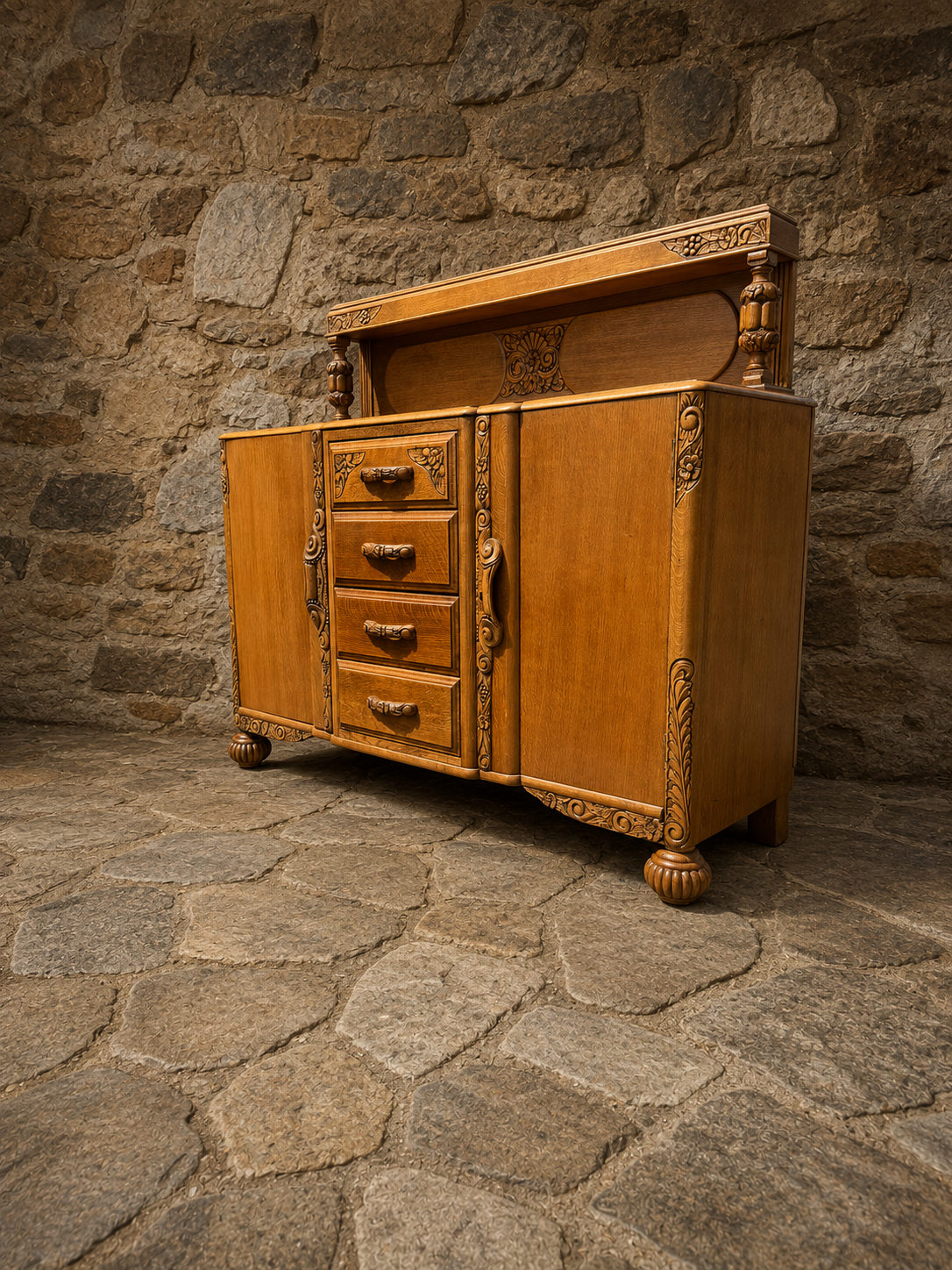 Antique Carved Oak Art Deco Sideboard c1930