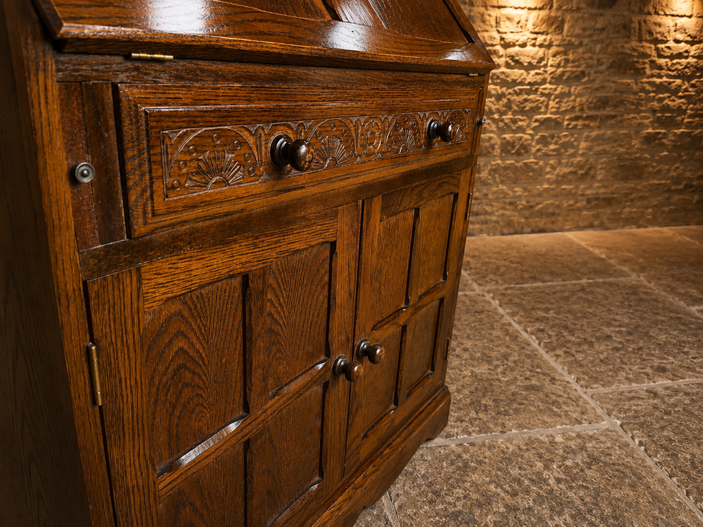 Vintage Solid Oak Jacobean Revival Bureau Cabinet with Drop Front Writing Desk