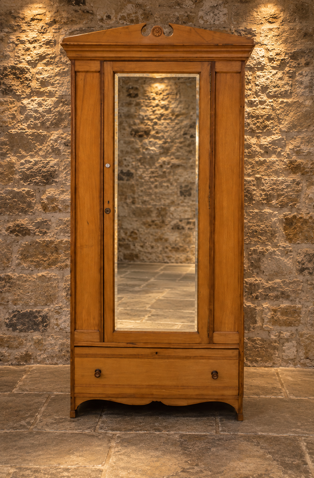 Antique Solid Oak Mirrored Wardrobe | Single Door Wardrobe with Drawer