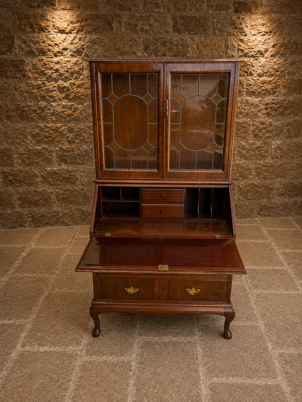 Early 20th Century Walnut Bureau Bookcase with Leaded Glass – Circa 1930