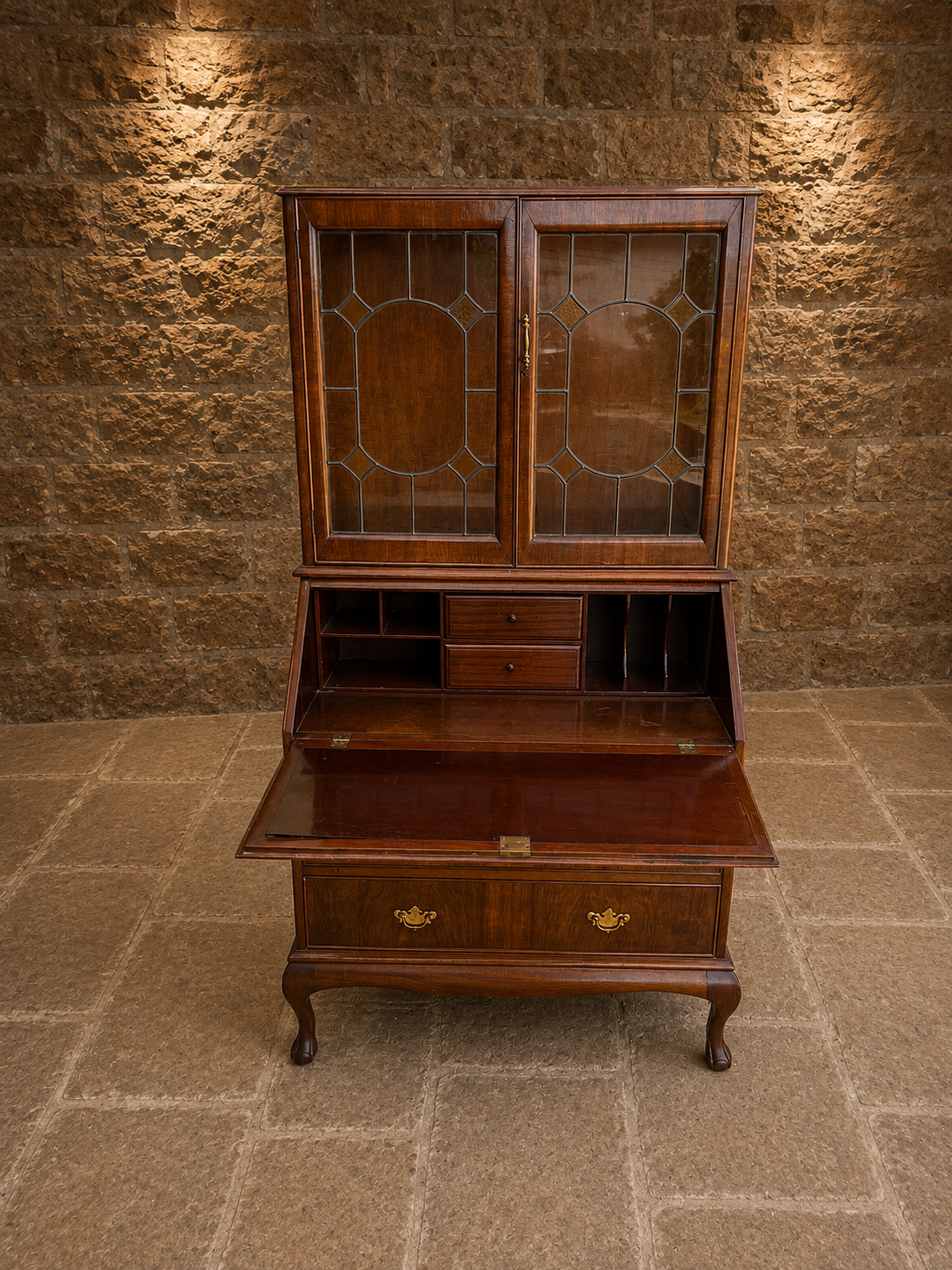 Early 20th Century Walnut Bureau Bookcase with Leaded Glass – Circa 1930