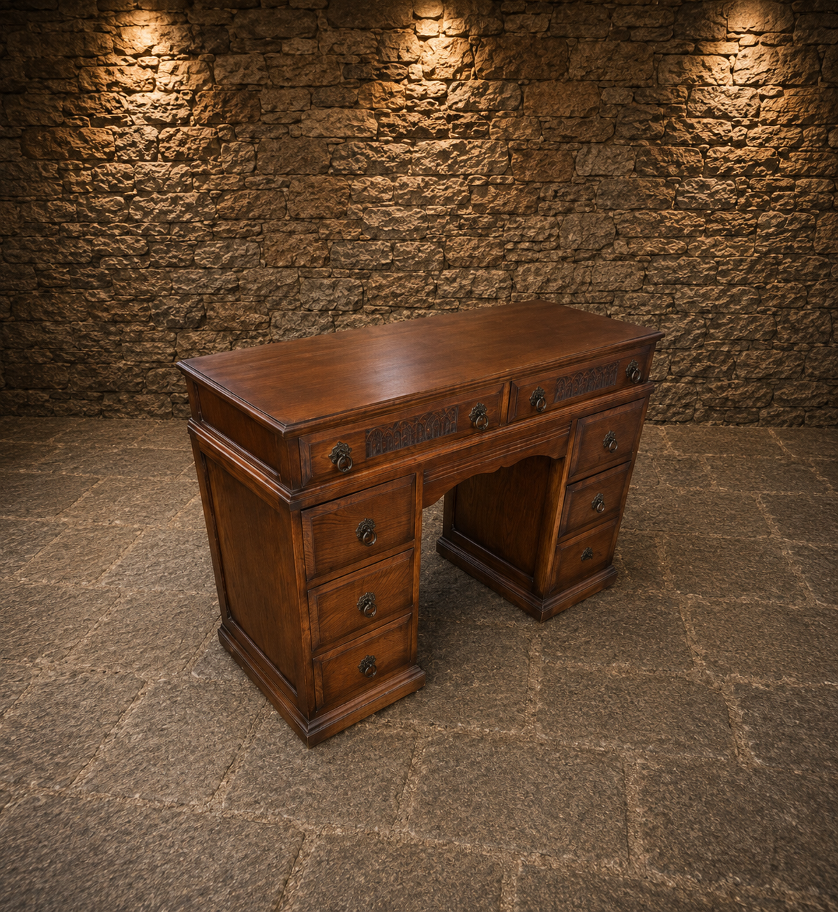 Antique Victorian Carved Oak Pedestal Writing Desk – Gothic Revival – Circa 1890