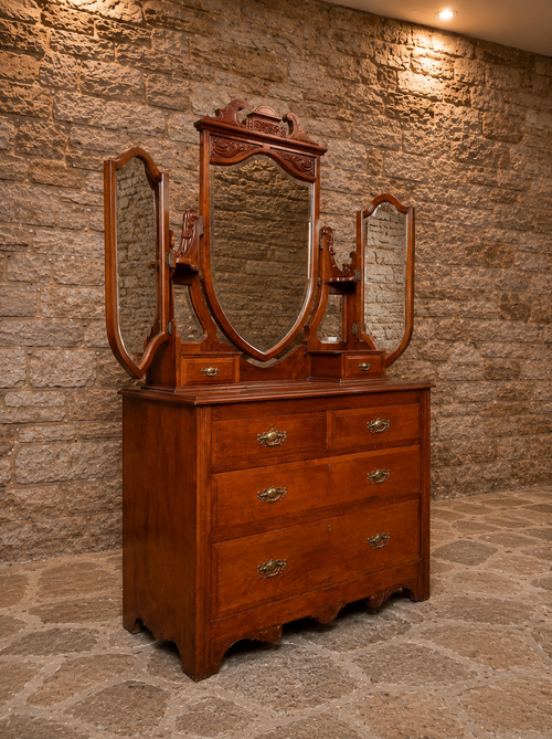 Antique Edwardian Mahogany Dressing Table with Original Triple Swing Mirrors | Art Nouveau Vanity Chest | Circa 1905