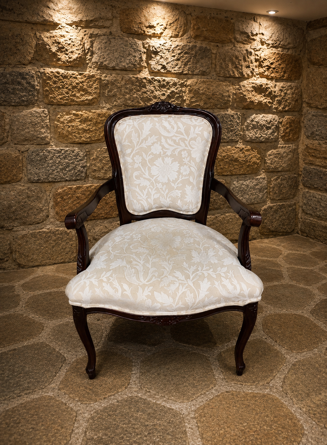 French Louis XV Style Upholstered Armchair | Carved Mahogany Accent Chair