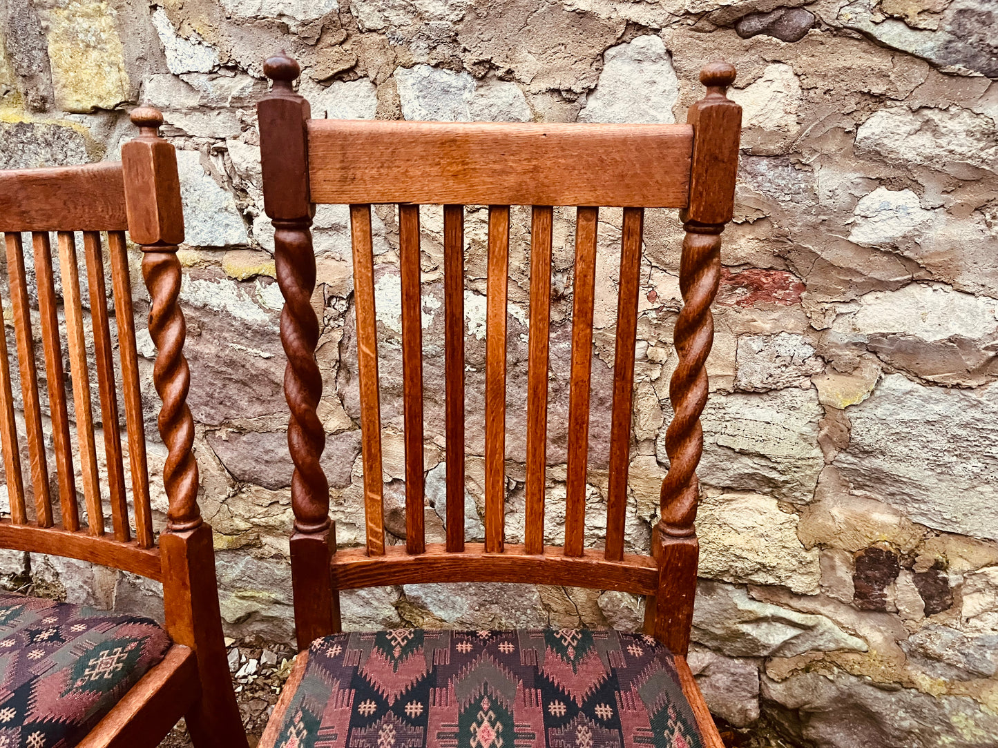 Vintage Dining Chairs – Set of 3 Oak Barley Twist Wooden Upholstered Chairs