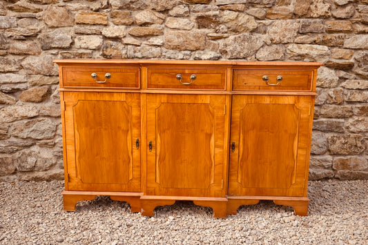 Vintage Oak Sideboard with Burr Veneer Panels – Elegant Solid Wood Storage Cabinet
