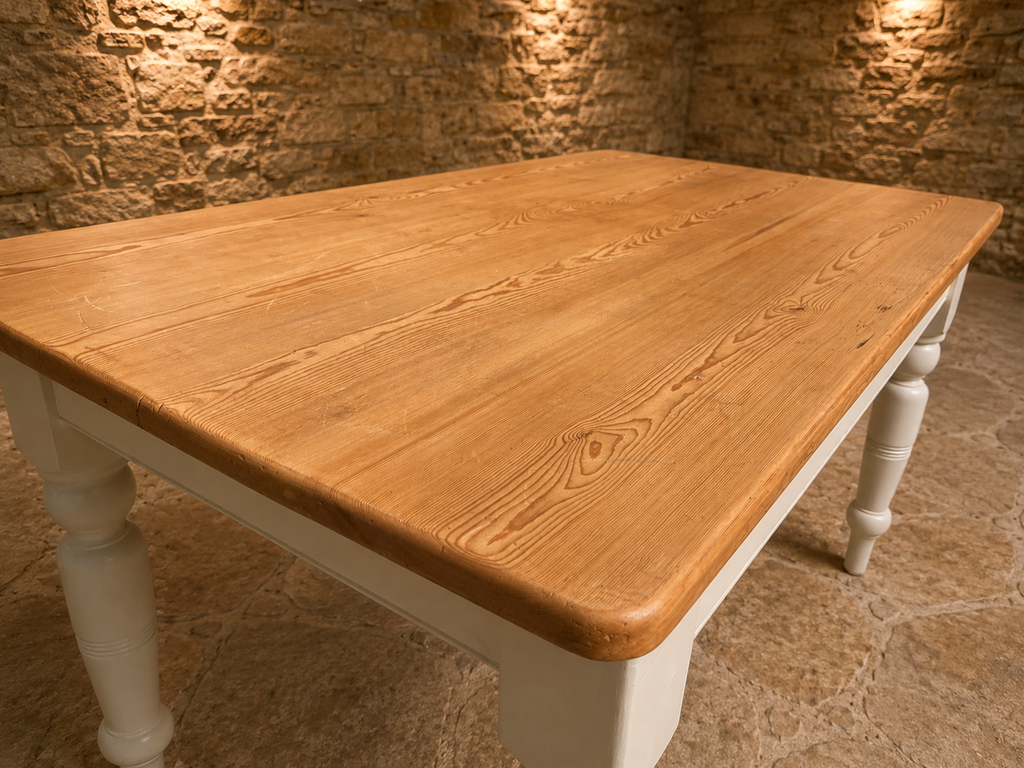 Vintage Pine Farmhouse Dining Table with Drawer – Painted Country Kitchen Table
