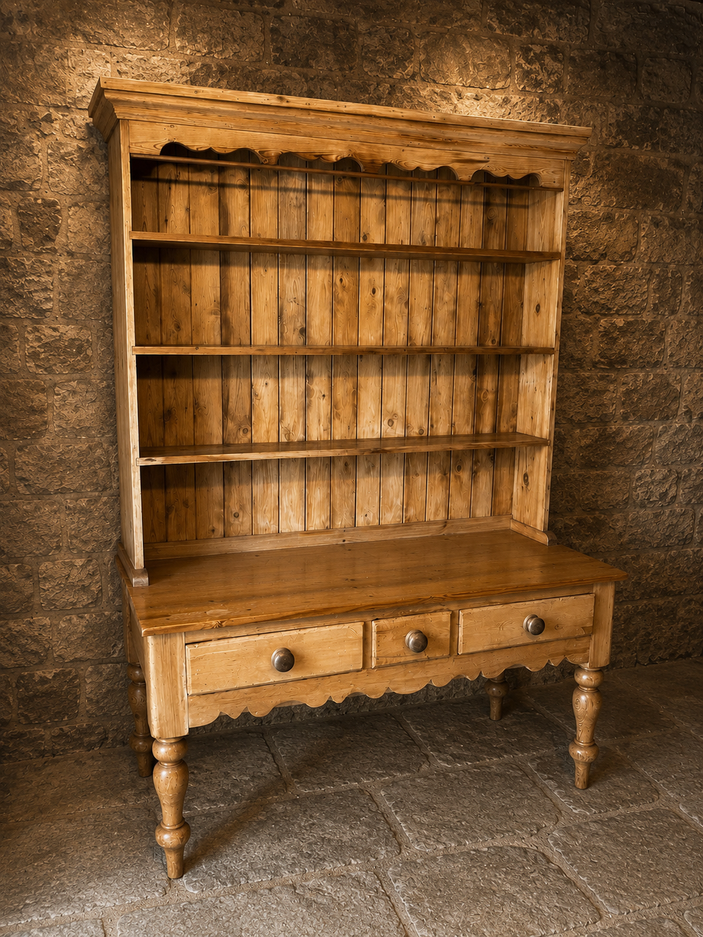 Large Victorian Pine Farmhouse Kitchen Dresser With Plate Rack